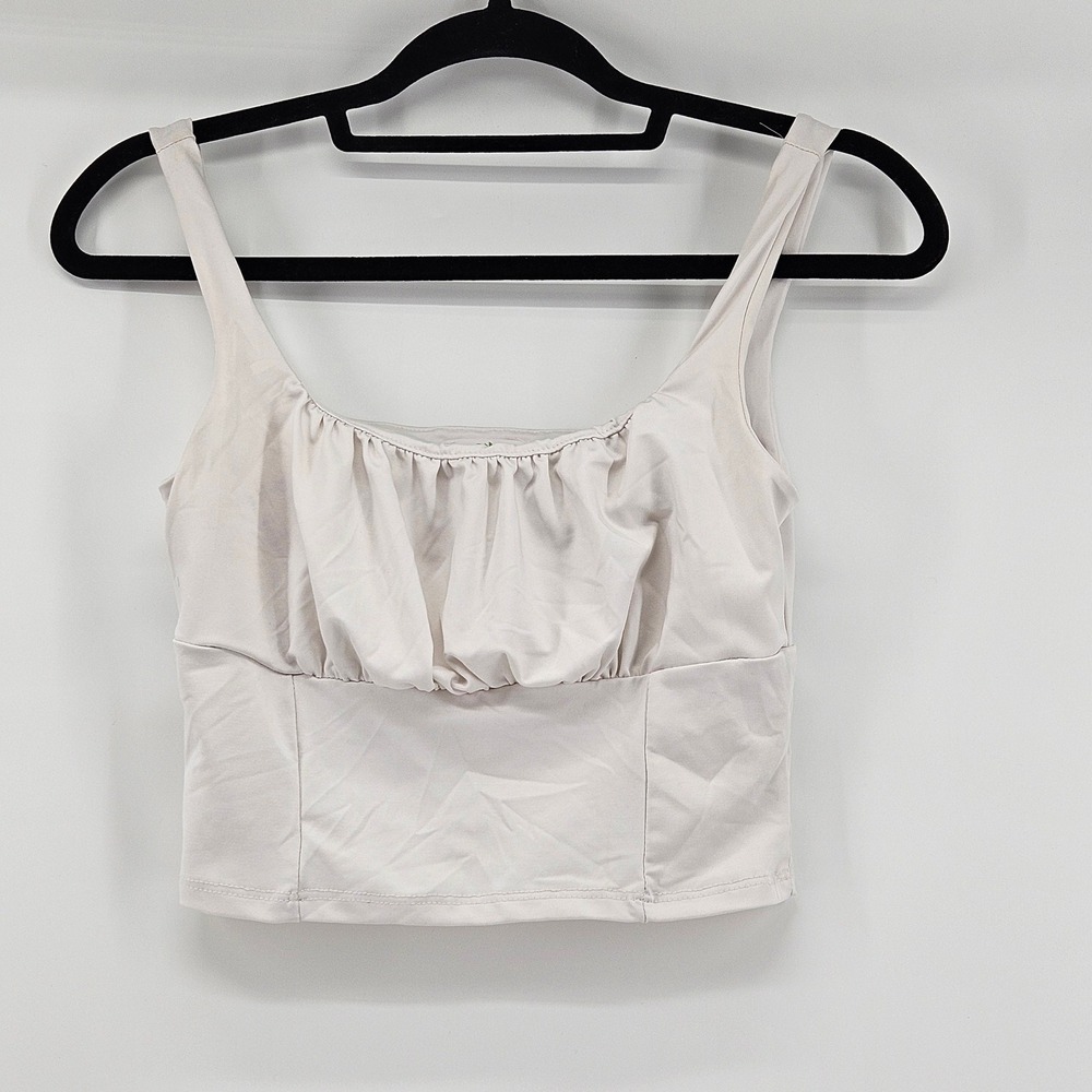 Y2K Women Ruched Babydoll Crop Tank Top Off-White Medium Festival Minimalist